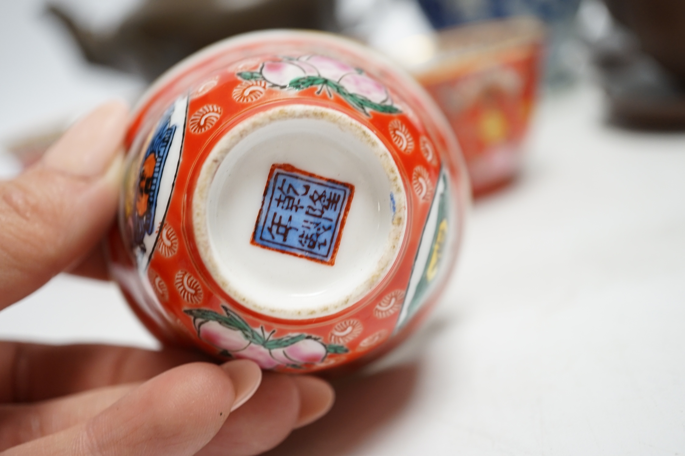 A Chinese blue and white tea caddy, four tea bowls, four cups and saucers and a teapot, largest 17cm high